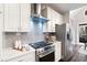 Well-lit kitchen featuring stainless steel appliances, white cabinetry, and a modern range hood at 6935 York Pl, Cumming, GA 30040