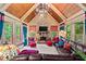 Vaulted living room with stone fireplace, wood ceiling, and cozy seating arrangements at 931 Fairfield Dr, Marietta, GA 30068