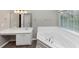 Bright bathroom featuring a large soaking tub with a garden view and white cabinets at 7746 New Castle Way, Jonesboro, GA 30236
