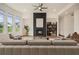 Stylishly furnished living room featuring fireplace, hardwood floors, and backyard views at 7785 Wild Violet Dr, Cumming, GA 30040