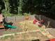 Aerial view of backyard features a playset, fire pit, and comfortable seating at 5915 Windsorcreek Dr, Douglasville, GA 30135