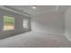 Bedroom with neutral carpet, tray ceiling and windows with views of the landscape at 205 Haverling Pass, Hampton, GA 30228