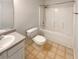 Full bathroom featuring tub-shower combination, toilet, sink and vanity with countertop at 501 Fable Ln, Canton, GA 30114