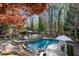 Beautiful backyard featuring an in-ground pool, hot tub, outdoor kitchen, and lush landscaping at 11630 Mountain Laurel Dr, Roswell, GA 30075