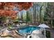Beautiful backyard featuring an in-ground pool, hot tub, outdoor kitchen, and lush landscaping at 11630 Mountain Laurel Dr, Roswell, GA 30075