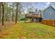 Well-maintained backyard featuring a wooden deck, fire pit, and privacy fence at 7660 Brentwood Ct, Cumming, GA 30040