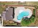 Aerial view of a uniquely shaped backyard pool surrounded by beautiful landscaping at 2048 Violet Lane, Brookhaven, GA 30319