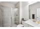 Bathroom with a modern shower featuring glass doors and tiled walls, and a single vanity at 2048 Violet Lane, Brookhaven, GA 30319