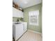 Well-organized laundry room with white cabinets, modern appliances, and a bright window at 5628 Fallsbrook Nw Knl, Acworth, GA 30101