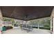 Open-air community pavilion with picnic tables, ceiling fan and garbage receptacle surrounded by tennis and pickleball courts at 3887 Hickory Manor Dr, Suwanee, GA 30024