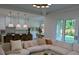 Open-concept living room with a comfortable sectional sofa, modern lighting, and access to the backyard at 315 Hillcrest View Dr, Suwanee, GA 30024