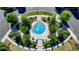 An aerial view of a common area featuring a blue splash pad, benches and lush green landscape at 6585 Creekview Cir, Duluth, GA 30097