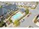 Aerial view of a neighborhood pool and clubhouse surrounded by townhomes at 340 Marietta Walk Ln, Marietta, GA 30064