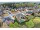 Aerial view of a neighborhood with mature trees and lush landscaping showcasing the pool and backyard oasis at 3520 Millwater Xing, Dacula, GA 30019