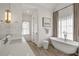 Elegant bathroom with a freestanding tub, quartz counters, and modern fixtures and finishes at 803 Courtenay Ne Dr, Atlanta, GA 30306