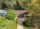 An aerial view of a quaint home featuring a circular driveway, surrounded by mature trees and green lawns at 3186 Sugarplum Ne Rd, Atlanta, GA 30345