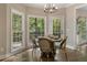 Breakfast nook with table, chairs, chandelier, and view of the backyard at 3100 Templeton Ln, Loganville, GA 30052