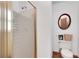 Bathroom featuring walk-in shower with horizontal stripe pattern and an oval mirror above the toilet at 3835 Paces Ferry Nw Rd, Atlanta, GA 30327