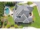 Overhead view showcases a landscaped yard, inviting pool, and charming patio at 968 Woodtrace Ln, Auburn, GA 30011