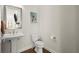 Stylish powder room with a pedestal sink, modern fixtures, and palm tree art at 209 Phillips Ln, Alpharetta, GA 30009