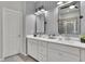 Bathroom with white vanity, double sinks, and modern fixtures with a view into shower at 4040 Grandview Manor Dr, Cumming, GA 30028