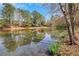 Scenic view of a serene pond with lush greenery and trees reflecting on the water at 2320 Starr Lake Nw Dr, Acworth, GA 30101