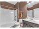 Bathroom featuring a shower/tub combo, dark vanity, and neutral wall color at 80 Lanier Rdg, Acworth, GA 30101
