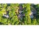 An aerial view showcases a home with a manicured lawn, patio, and mature trees at 450 Birkdale Dr, Fayetteville, GA 30215