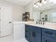 Bathroom featuring a large vanity with blue cabinets, white countertops, and modern fixtures at 6060 Carriage Dr, Cumming, GA 30028