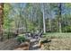 Backyard featuring fire pit with chairs nestled amongst mature trees and natural surroundings at 6770 Ulster Ct, Alpharetta, GA 30005