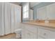 Bathroom with a white vanity, neutral countertops, and a white shower curtain at 800 Flathead Pass, Suwanee, GA 30024