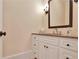 Chic powder room featuring a granite countertop, white cabinets, and elegant fixtures at 800 Flathead Pass, Suwanee, GA 30024