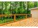 A wood deck has a beautiful view of the lush green yard and mature trees at 247 Old Timber Rd, Lawrenceville, GA 30046