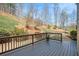 Wood deck with railing overlooking a landscaped backyard and wooded area at 4710 Mcintosh Dr, Cumming, GA 30040