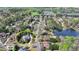 This aerial view shows the neighborhood, mature trees, and the home's desirable location near the water at 2510 Bent Creek Way, Cumming, GA 30041