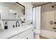 Bathroom with white vanity, stone countertop, and shower tub with white curtain at 55 Maple Leaf Ct, Dallas, GA 30157