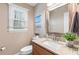 Stylish powder room features granite countertops, attractive mirror, and decorative accessories and accents at 2051 Candlewood Ne Ct, Marietta, GA 30066