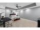 Modern bedroom with a geometric ceiling, a ceiling fan, and a cozy bed at 2051 Candlewood Ne Ct, Marietta, GA 30066