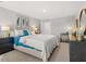 This bedroom is styled with light gray walls, modern furniture and blue accent decor to provide a relaxing space at 4958 Jatoba Rd, Acworth, GA 30101