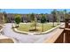 A street view from a balcony overlooking a landscaped green space with benches and well-maintained townhomes at 7620 Stoneridge Dr, Atlanta, GA 30328