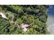 Aerial perspective highlighting the riverbank house, a manicured lawn, and mature tree coverage at 2100 West Wesley Rd, Atlanta, GA 30327