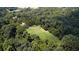 Aerial view of wooded land featuring a large manicured lawn and winding driveway leading up to the house at 2100 West Wesley Rd, Atlanta, GA 30327