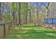 The backyard is surrounded by a wooden fence, has lush grass, and shady mature trees at 2806 Peachtree Walk, Duluth, GA 30096