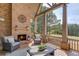 Inviting back porch with brick fireplace and peaceful golf course views at 5394 Brendlynn Dr, Suwanee, GA 30024