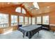 Bright sunroom features wood paneling, skylights, and a pool table for entertaining at 1545 Smoke Hill Dr, Hoschton, GA 30548