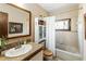 Well-maintained bathroom features a tiled shower, a bathtub, and a vanity with a sink at 131 Cypress St, Roswell, GA 30075