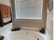A relaxing soaker bathtub features a window with blinds and decorative items on the rim at 1380 Cedar Hl, Douglasville, GA 30134