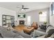 Comfortable living room featuring a stone fireplace, modern furnishings, stylish decor, and an abundance of natural light at 9893 Colchester St, Douglasville, GA 30135