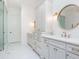 Elegant bathroom featuring double vanities, a glass enclosed shower, and contemporary fixtures at 425 Prestwick Ct, Alpharetta, GA 30005