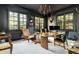Dark and moody office with hardwood floors, windows, stylish furniture, and ornate light fixture at 425 Prestwick Ct, Alpharetta, GA 30005